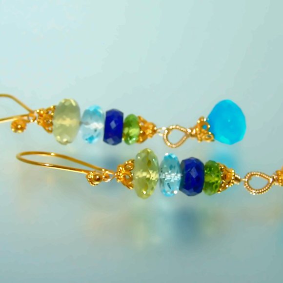 Apatite Lemon  Blue Topaz Lapis Lazuli Peridot Gemstone Sterling Earrings - Picture 3 of 7